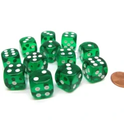 Dice>Translucent 16mm D6 Chessex Dice Block (12 Die) - Green with White Pips - Your Source for Gaming Essentials