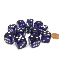 Dice>Translucent 16mm D6 Chessex Dice Block (12 Die) - Purple with White Pips - Your Source for Gaming Essentials
