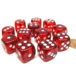 Dice>Translucent 16mm D6 Chessex Dice Block (12 Die) - Red with White Pips - Your Source for Gaming Essentials