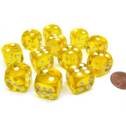 Dice>Translucent 16mm D6 Chessex Dice Block (12 Die) - Yellow with White Pips - Your Source for Gaming Essentials