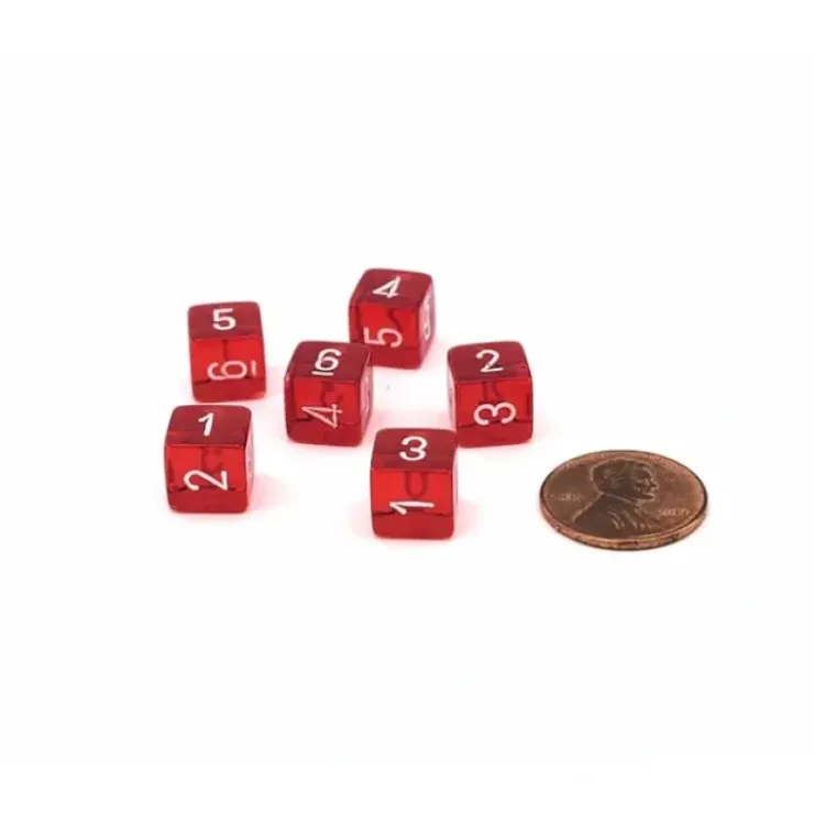 Dice>Translucent 9mm Mini 6 Sided D6 Dice, 6 Pieces - Red with White Numbers - Your Source for Gaming Essentials