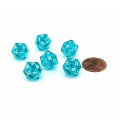 Dice>Translucent 12mm Mini 20 Sided D20 Dice, 6 Pieces - Teal with White Numbers - Your Source for Gaming Essentials
