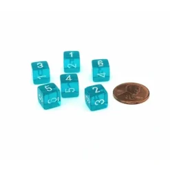 Dice>Translucent 9mm Mini 6 Sided D6 Dice, 6 Pieces - Teal with White Numbers - Your Source for Gaming Essentials