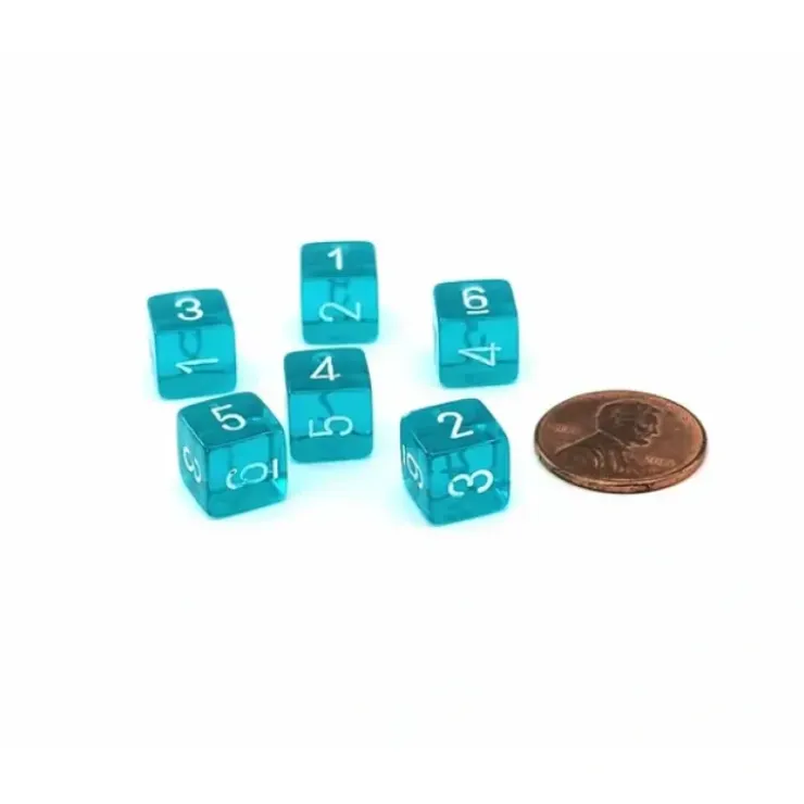 Dice>Translucent 9mm Mini 6 Sided D6 Dice, 6 Pieces - Teal with White Numbers - Your Source for Gaming Essentials