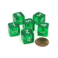 Dice>Translucent 15mm 6 Sided D6 Chessex Dice, 6 Pieces - Green with White Numbers - Your Source for Gaming Essentials