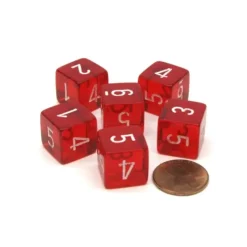 Dice>Translucent 15mm 6 Sided D6 Chessex Dice, 6 Pieces - Red with White Numbers - Your Source for Gaming Essentials