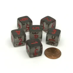Dice>Translucent 15mm 6-Sided D6 Chessex Dice, 6 Pieces - Smoke with Red Numbers - Your Source for Gaming Essentials