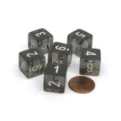 Dice>Translucent 15mm 6-Sided D6 Chessex Dice, 6 Pieces - Smoke with White Numbers - Your Source for Gaming Essentials