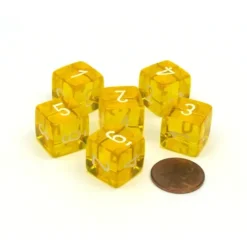Dice>Translucent 15mm 6-Sided D6 Chessex Dice, 6 Pieces - Yellow with White Numbers - Your Source for Gaming Essentials