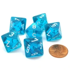 Dice>Translucent 15mm 8 Sided D8 Chessex Dice, 6 Pieces - Teal with White - Your Source for Gaming Essentials