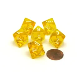 Dice>Translucent 15mm 8 Sided D8 Chessex Dice, 6 Pieces - Yellow with White Numbers - Your Source for Gaming Essentials