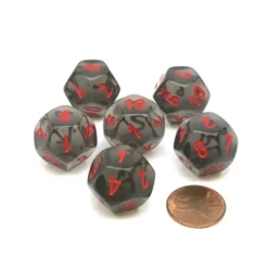 Dice>Translucent 18mm 12 Sided D12 Chessex Dice, 6 Pieces - Smoke with Red Numbers - Your Source for Gaming Essentials