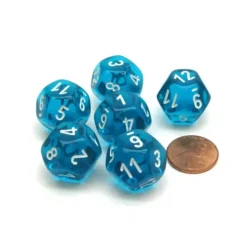 Dice>Translucent 18mm 12 Sided D12 Chessex Dice, 6 Pieces - Teal with White - Your Source for Gaming Essentials