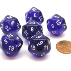 Dice>Translucent 20mm 20 Sided D20 Chessex Dice, 6 Pieces - Purple with White Numbers - Your Source for Gaming Essentials