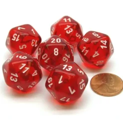 Dice>Translucent 20mm 20 Sided D20 Chessex Dice, 6 Pieces - Red with White Numbers - Your Source for Gaming Essentials