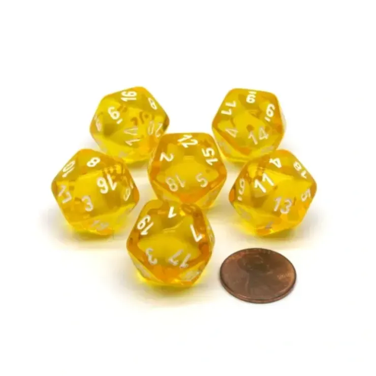 Dice>Translucent 20mm 20 Sided D20 Chessex Dice, 6 Pieces - Yellow with White Numbers - Your Source for Gaming Essentials