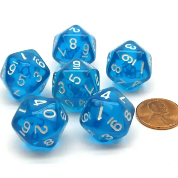 Dice>Translucent 18mm 20-Sided D10 Dice Numbered 0-9 Twice, 6 Pieces - Blue - Your Source for Gaming Essentials