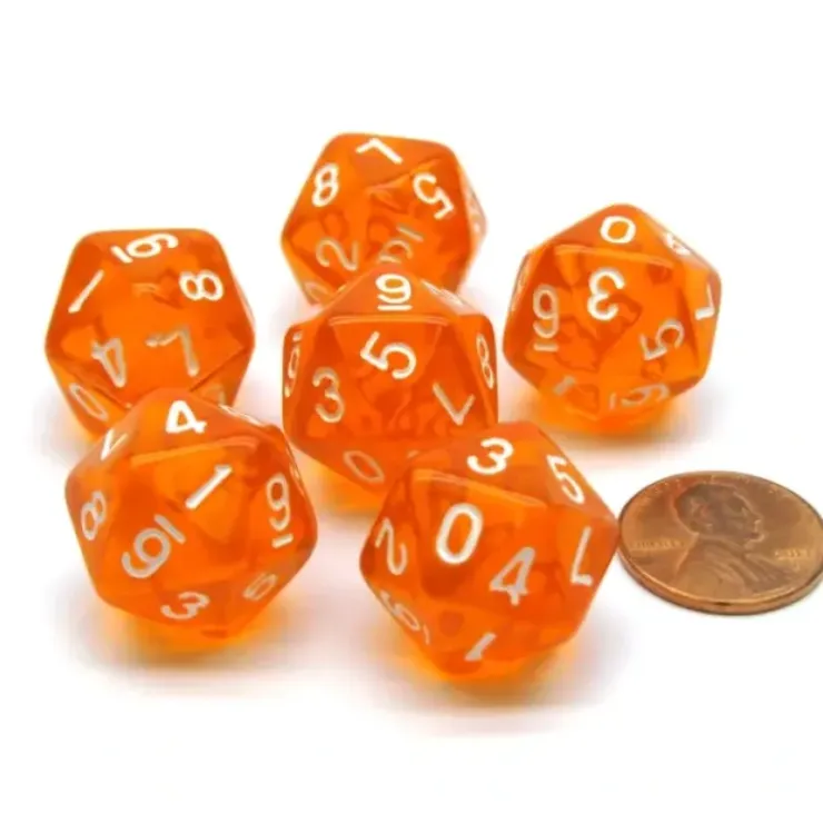 Dice>Translucent 18mm 20-Sided D10 Dice Numbered 0-9 Twice, 6 Pieces- Orange - Your Source for Gaming Essentials