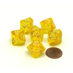 Dice>Translucent 16mm Tens D10 (00-90) Chessex Dice 6 Pcs - Yellow with White Numbers - Your Source for Gaming Essentials