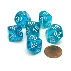 Dice>Translucent 16mm Tens D10 (00-90) Dice, 6 Pieces - Teal with White Numbers - Your Source for Gaming Essentials