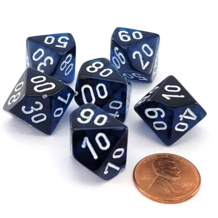 Dice>Translucent 16mm Tens D10 (00-90) Dice, 6 Pieces - Navy Blue with White Numbers - Your Source for Gaming Essentials