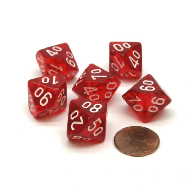 Dice>Translucent 16mm Tens D10 (00-90) Dice, 6 Pieces - Red with White Numbers - Your Source for Gaming Essentials