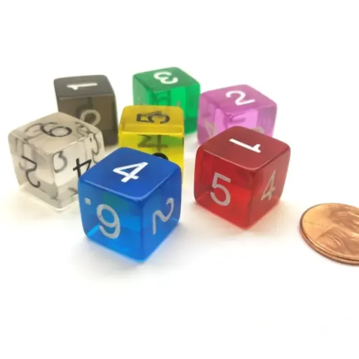 Dice>7 Transparent D6 16mm Numbered Dice - Blue Clear Green Orchid Red Smoke Yellow - Your Source for Gaming Essentials