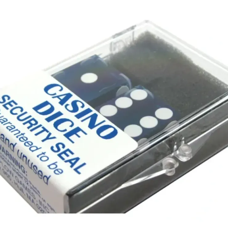 Dice>Transparent Precision Casino 3/4" Dice, 2 Pieces in Case - Blue with White Pips - Your Source for Gaming Essentials