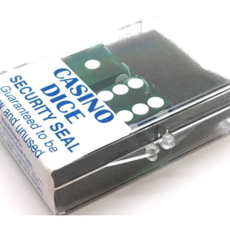 Dice>Transparent Precision Casino 3/4" Dice, 2 Pieces in Case - Green with White Pips - Your Source for Gaming Essentials