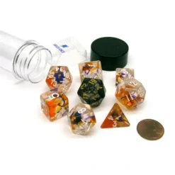 Dice>Tube of 7 Polyhedral RPG Sirius Dice with Bonus D20 - Purple, Orange Clear - Your Source for Gaming Essentials