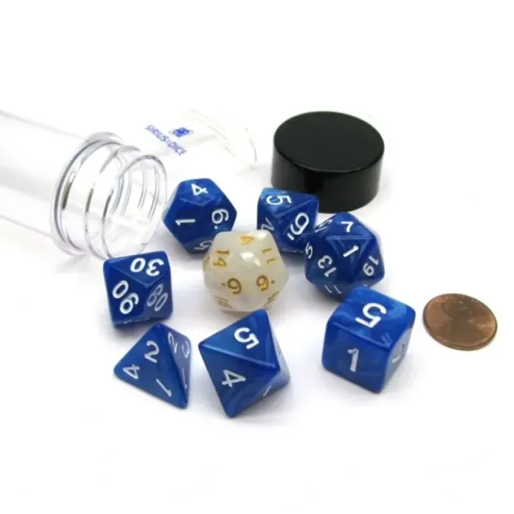 Dice>Tube of 7 Polyhedral RPG Sirius Dice with Bonus D20 - Pearl Blue Acrylic - Your Source for Gaming Essentials