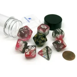 Dice>Tube of 7 Polyhedral RPG Sirius Dice with Bonus D20 - Pink, Clear, Black Resin - Your Source for Gaming Essentials