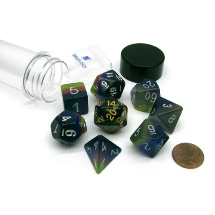 Dice>Tube of 7 Polyhedral RPG Sirius Dice with Bonus D20 - Pink, Green, Blue - Your Source for Gaming Essentials