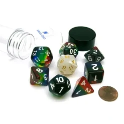 Dice>Tube of 7 Polyhedral RPG Sirius Dice with Bonus D20 - Rainbow Translucent Resin - Your Source for Gaming Essentials