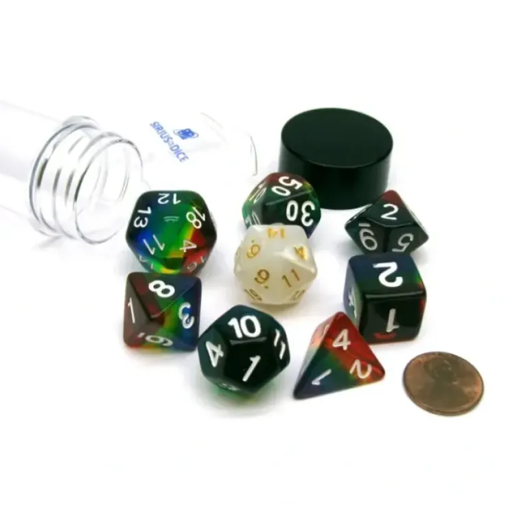 Dice>Tube of 7 Polyhedral RPG Sirius Dice with Bonus D20 - Rainbow Translucent Resin - Your Source for Gaming Essentials