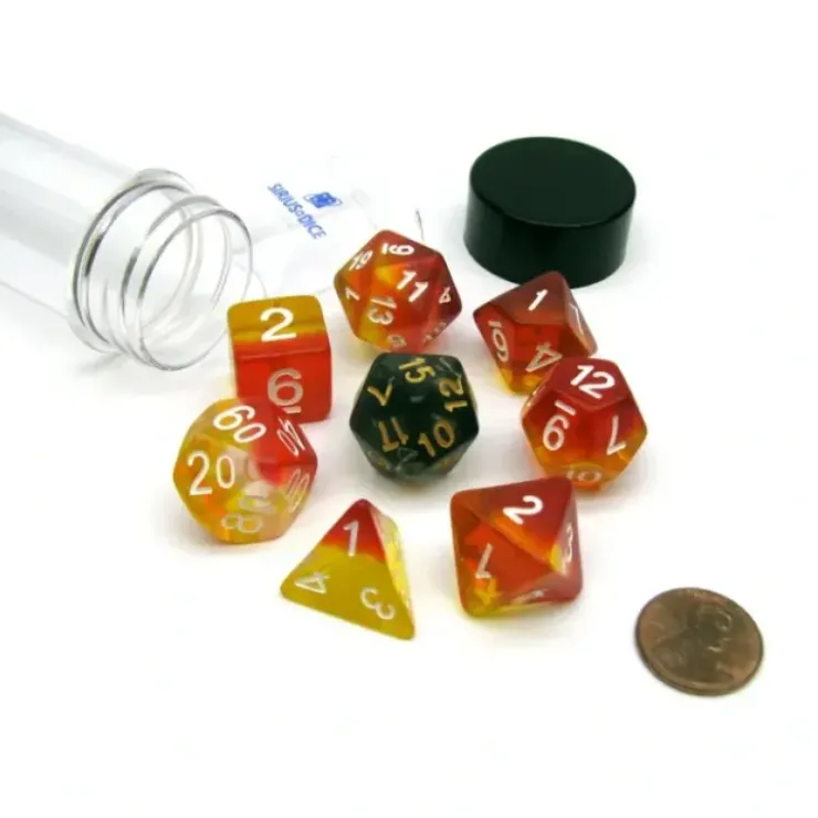 Dice>Tube of 7 Polyhedral RPG Sirius Dice with Bonus D20 - Yellow, Red Translucent - Your Source for Gaming Essentials