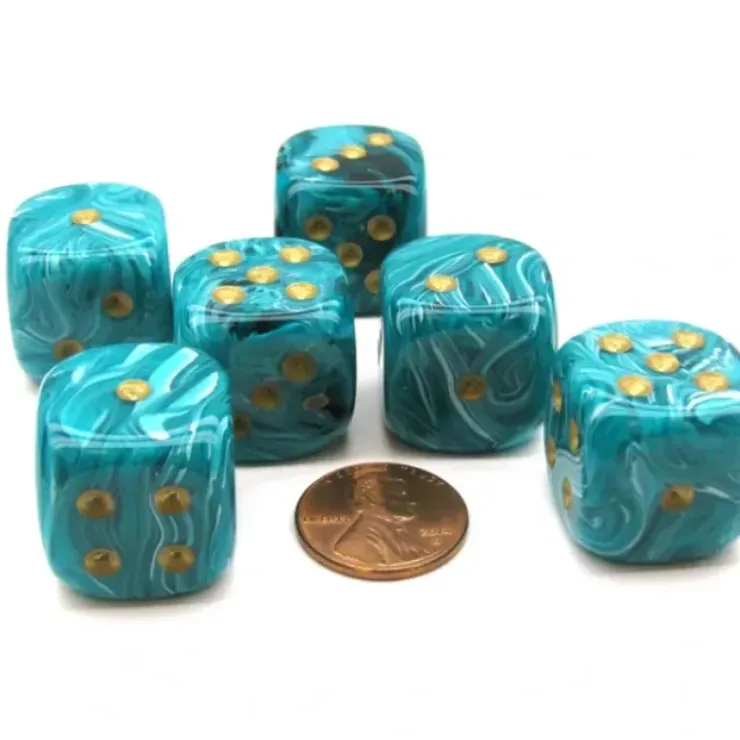 Dice>Vortex 20mm Big D6 Chessex Dice, 6 Pieces - Teal with Gold Pips - Your Source for Gaming Essentials