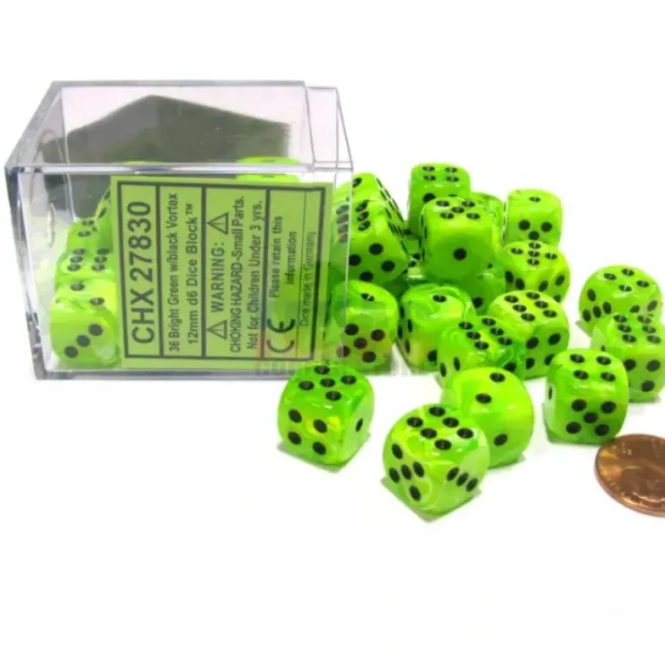 Dice>Vortex 12mm D6 Chessex Dice Block (36 Dice) - Bright Green with Black Pips - Your Source for Gaming Essentials