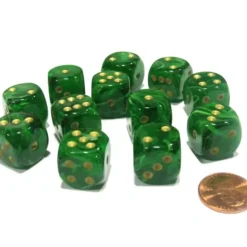 Dice>Vortex 16mm D6 Chessex Dice Block (12 Dice) - Green with Gold Pips - Your Source for Gaming Essentials