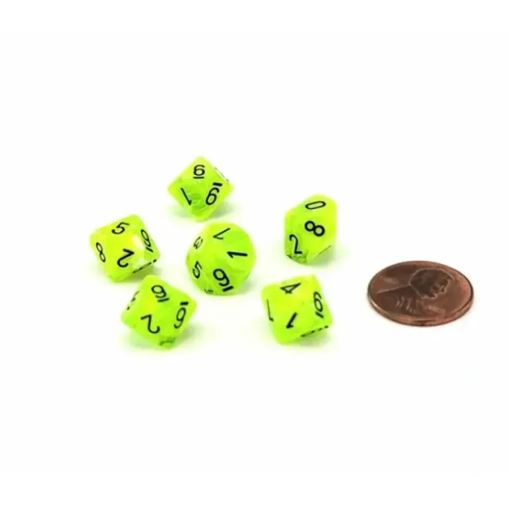 Dice>Vortex 10mm Mini 10 Sided D10 Dice, 6 Pieces - Bright Green with Black Numbers - Your Source for Gaming Essentials