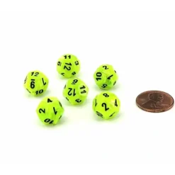 Dice>Vortex 12mm Mini 12 Sided D12 Dice, 6 Pieces - Bright Green with Black Numbers - Your Source for Gaming Essentials