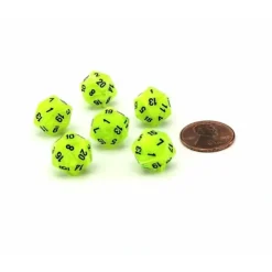 Dice>Vortex 12mm Mini 20 Sided D20 Dice, 6 Pieces - Bright Green with Black Numbers - Your Source for Gaming Essentials