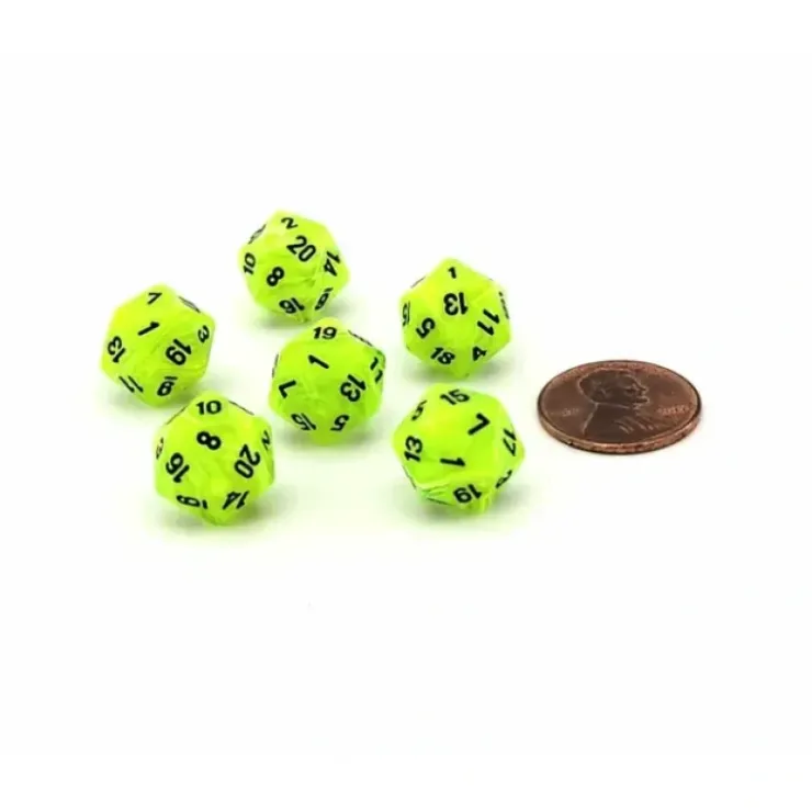 Dice>Vortex 12mm Mini 20 Sided D20 Dice, 6 Pieces - Bright Green with Black Numbers - Your Source for Gaming Essentials