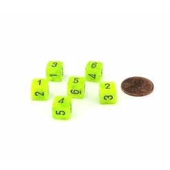 Dice>Vortex 9mm Mini 6 Sided D6 Dice, 6 Pieces - Bright Green with Black Numbers - Your Source for Gaming Essentials