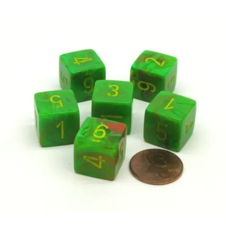 Dice>Vortex 15mm 6 Sided D6 Chessex Dice, 6 Pieces - Slime with Yellow Numbers - Your Source for Gaming Essentials