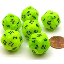 Dice>Vortex 20mm 20 Sided D20 Chessex Dice, 6 Pieces - Bright Green with Black - Your Source for Gaming Essentials