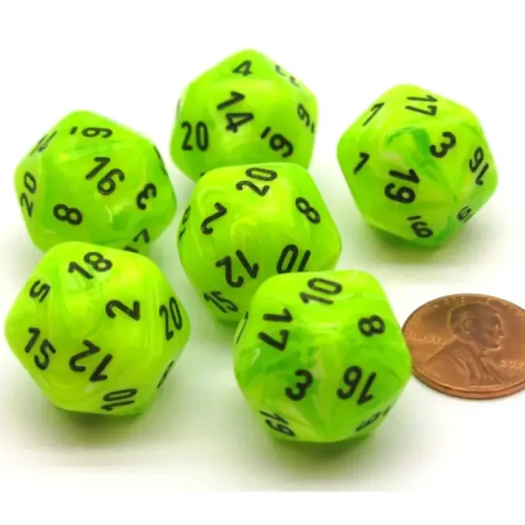Dice>Vortex 20mm 20 Sided D20 Chessex Dice, 6 Pieces - Bright Green with Black - Your Source for Gaming Essentials