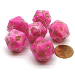 Dice>Vortex 20mm 20 Sided D20 Chessex Dice, 6 Pieces - Pink with Gold Numbers - Your Source for Gaming Essentials