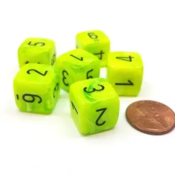 Dice>Vortex 15mm 6-Sided D6 Numbered Dice, 6 Pieces - Bright Green with Black Numbers - Your Source for Gaming Essentials