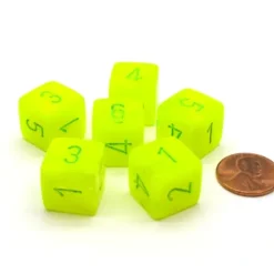 Dice>Vortex 15mm 6-Sided D6 Numbered Dice, 6 Pieces - Electric Yellow with Green - Your Source for Gaming Essentials